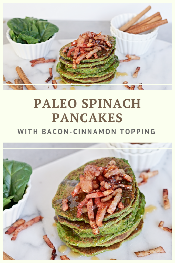Paleo Spinach Pancakes with Bacon-Cinnamon Maple Syrup Topping by Summer Day Naturals