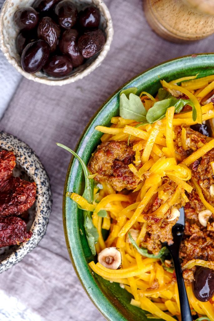 Healthy Pumpkin Spaghetti with Homemade Sun Dried Tomato Pesto