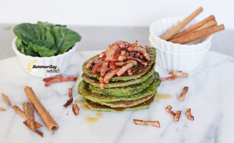 Spinach Pancakes With Cinnamon-Bacon Topping
