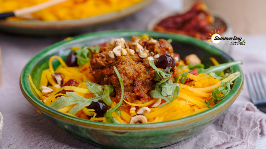 Vegan Pumpkin Spaghetti with Sun Dried Tomato Pesto